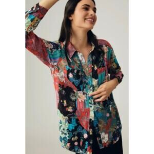 Anthropologie Brielle Floral Collage Patchwork Satin Button Up Shirt Womens Lg